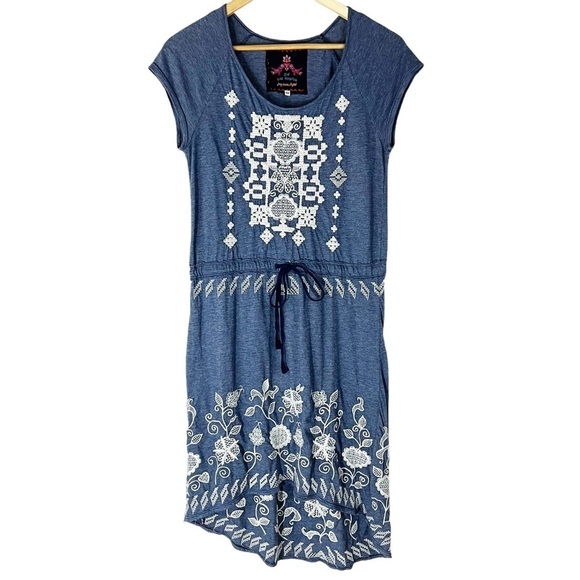 Johnny Was Blue Embroidered Drawstring Waist Asymmetrical Dress Bohemian Boho - Picture 1 of 6